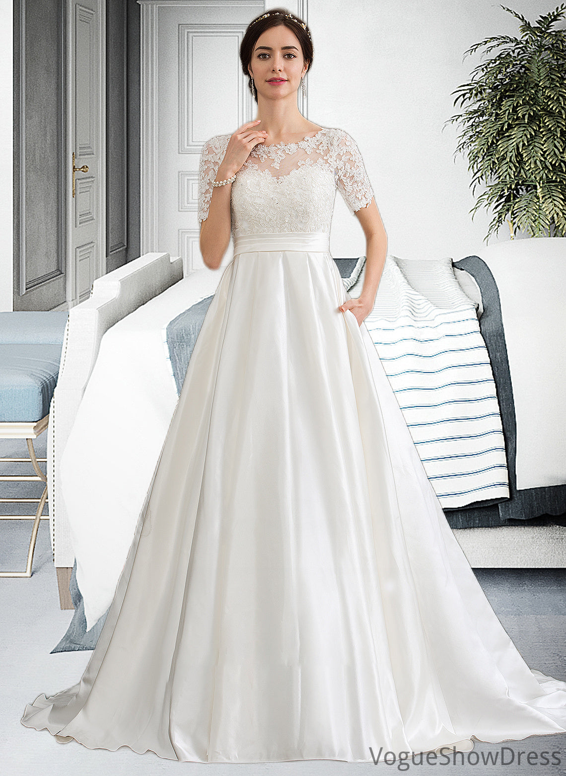 Kierra Ball-Gown/Princess Scoop Neck Court Train Satin Wedding Dress With Beading Sequins Pockets DLP0013777