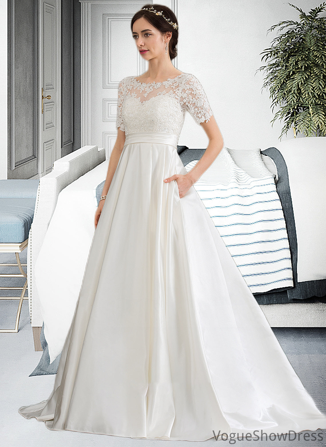 Kierra Ball-Gown/Princess Scoop Neck Court Train Satin Wedding Dress With Beading Sequins Pockets DLP0013777