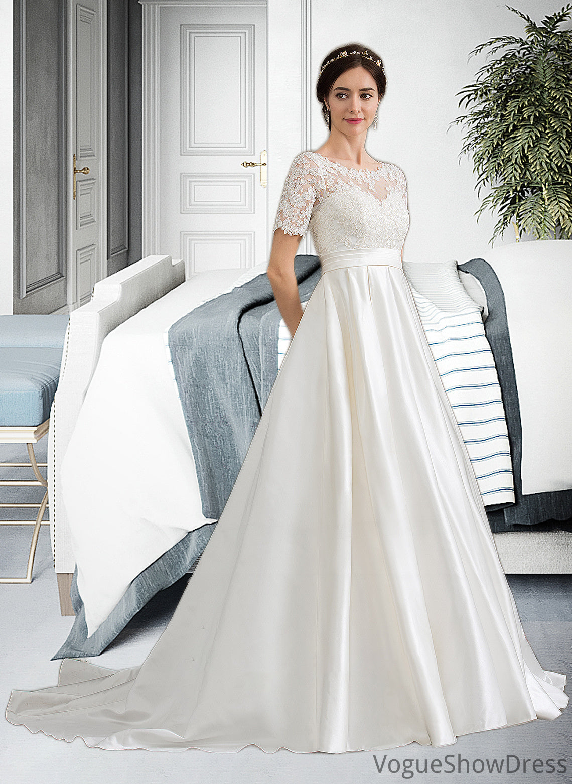 Kierra Ball-Gown/Princess Scoop Neck Court Train Satin Wedding Dress With Beading Sequins Pockets DLP0013777