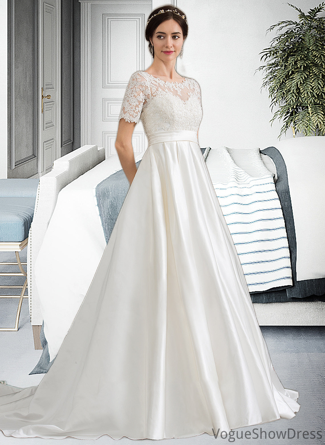 Kierra Ball-Gown/Princess Scoop Neck Court Train Satin Wedding Dress With Beading Sequins Pockets DLP0013777