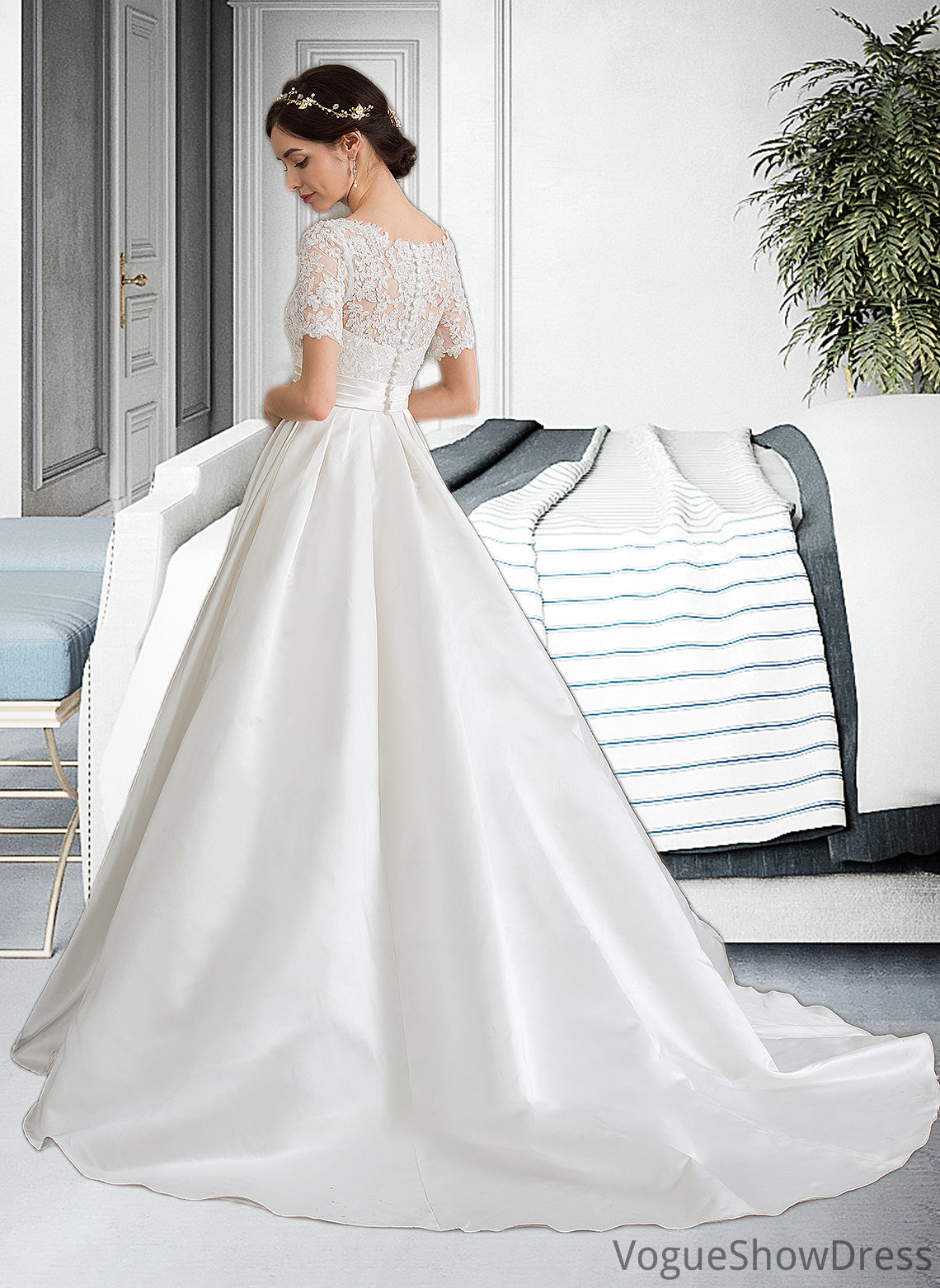 Kierra Ball-Gown/Princess Scoop Neck Court Train Satin Wedding Dress With Beading Sequins Pockets DLP0013777