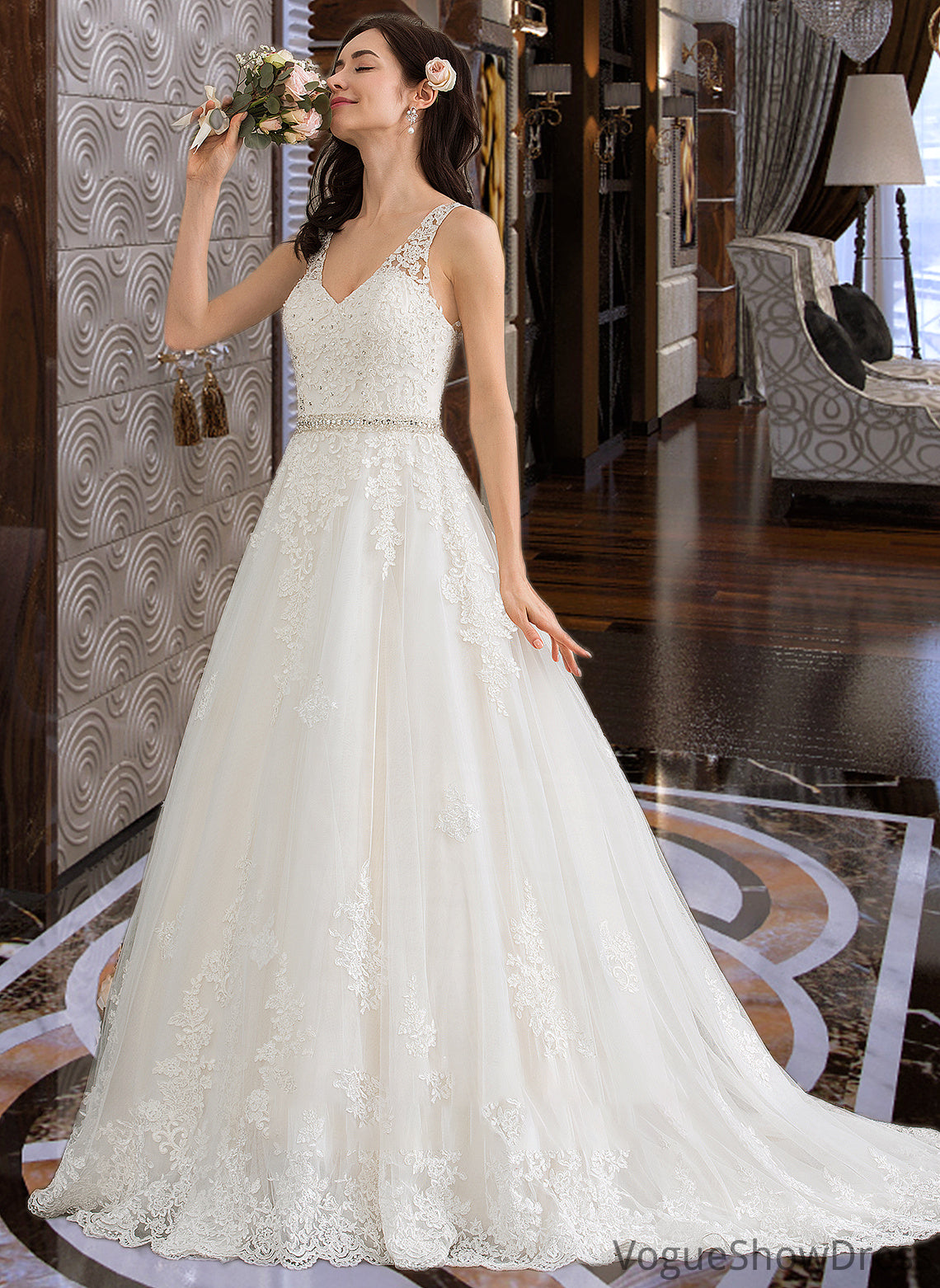 Laylah Ball-Gown/Princess V-neck Court Train Tulle Wedding Dress With Beading Sequins DLP0013779