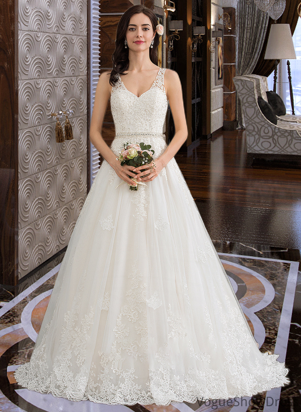 Laylah Ball-Gown/Princess V-neck Court Train Tulle Wedding Dress With Beading Sequins DLP0013779