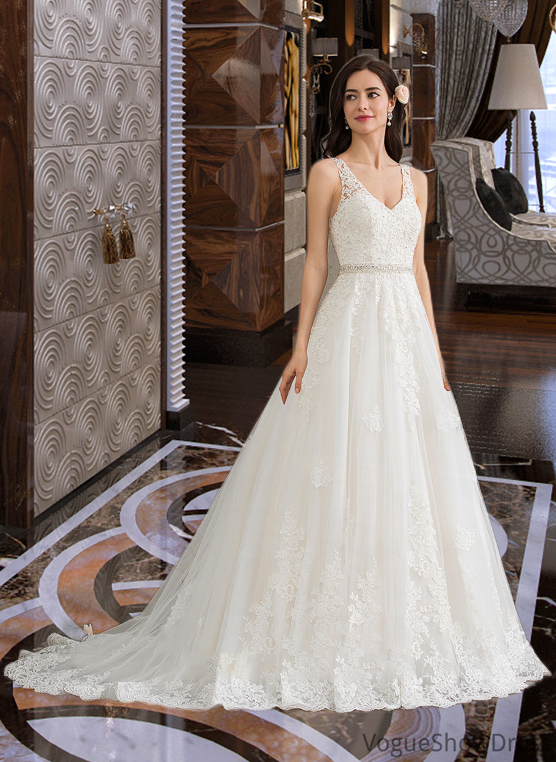 Laylah Ball-Gown/Princess V-neck Court Train Tulle Wedding Dress With Beading Sequins DLP0013779