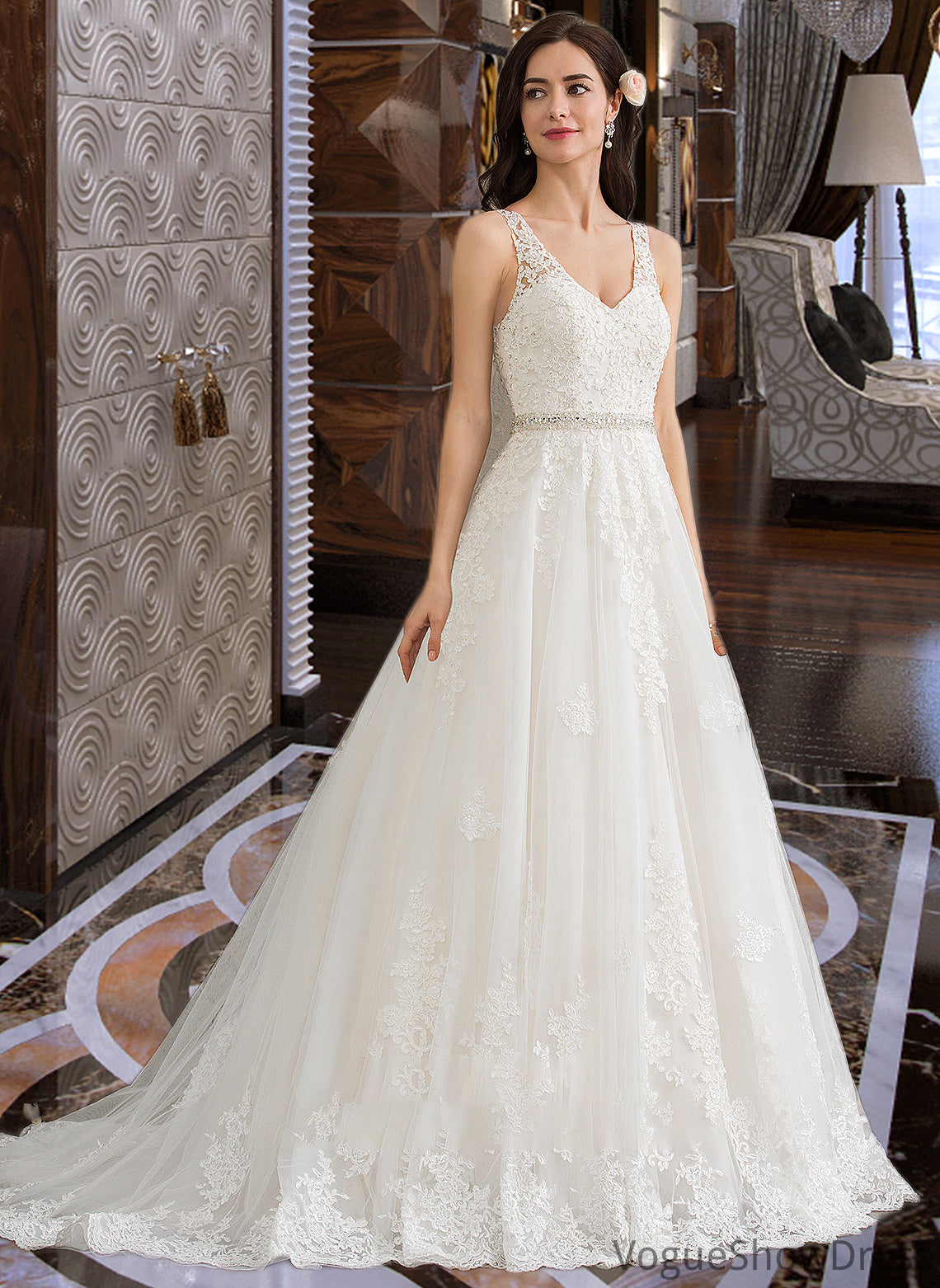 Laylah Ball-Gown/Princess V-neck Court Train Tulle Wedding Dress With Beading Sequins DLP0013779