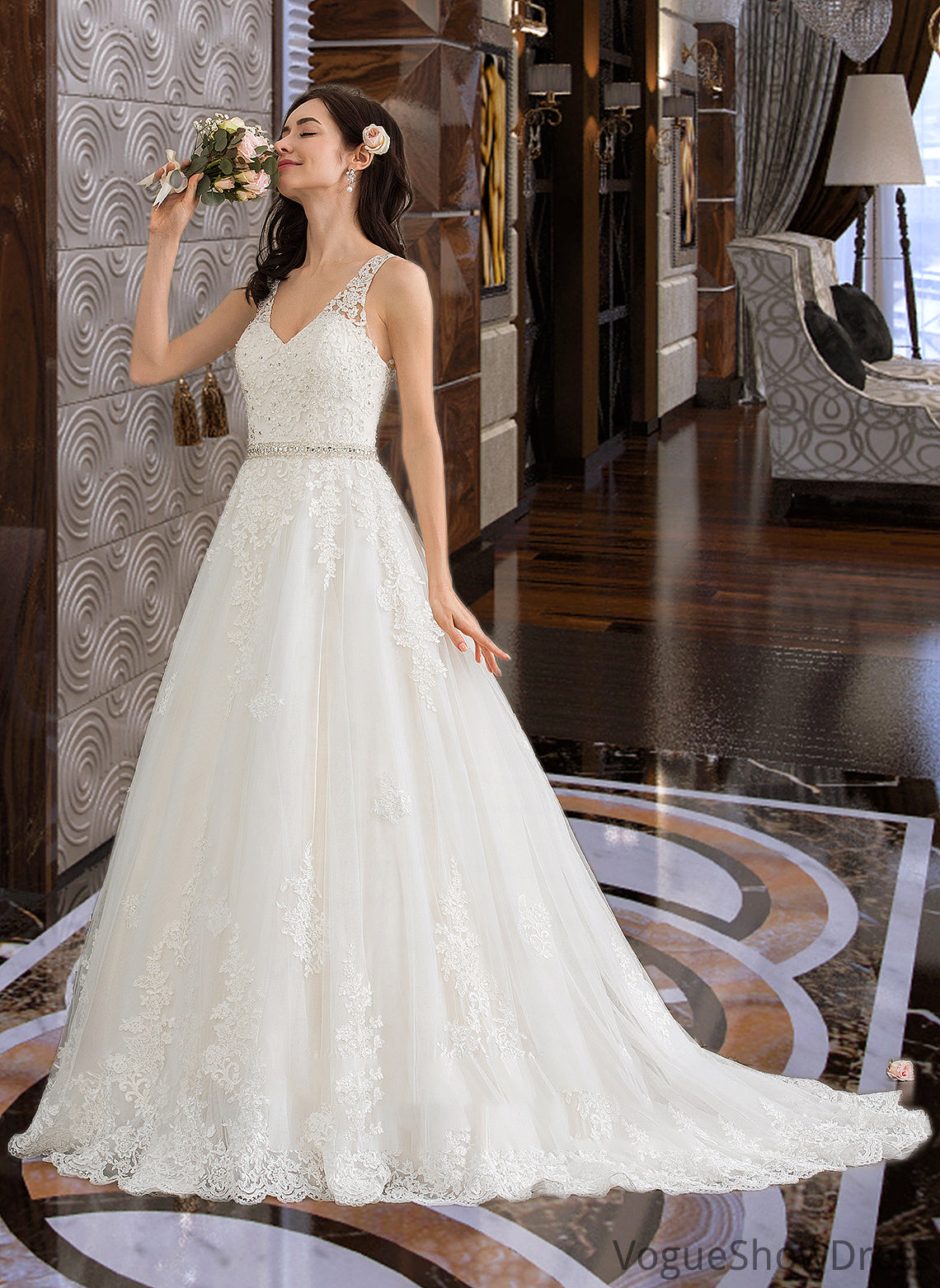 Laylah Ball-Gown/Princess V-neck Court Train Tulle Wedding Dress With Beading Sequins DLP0013779