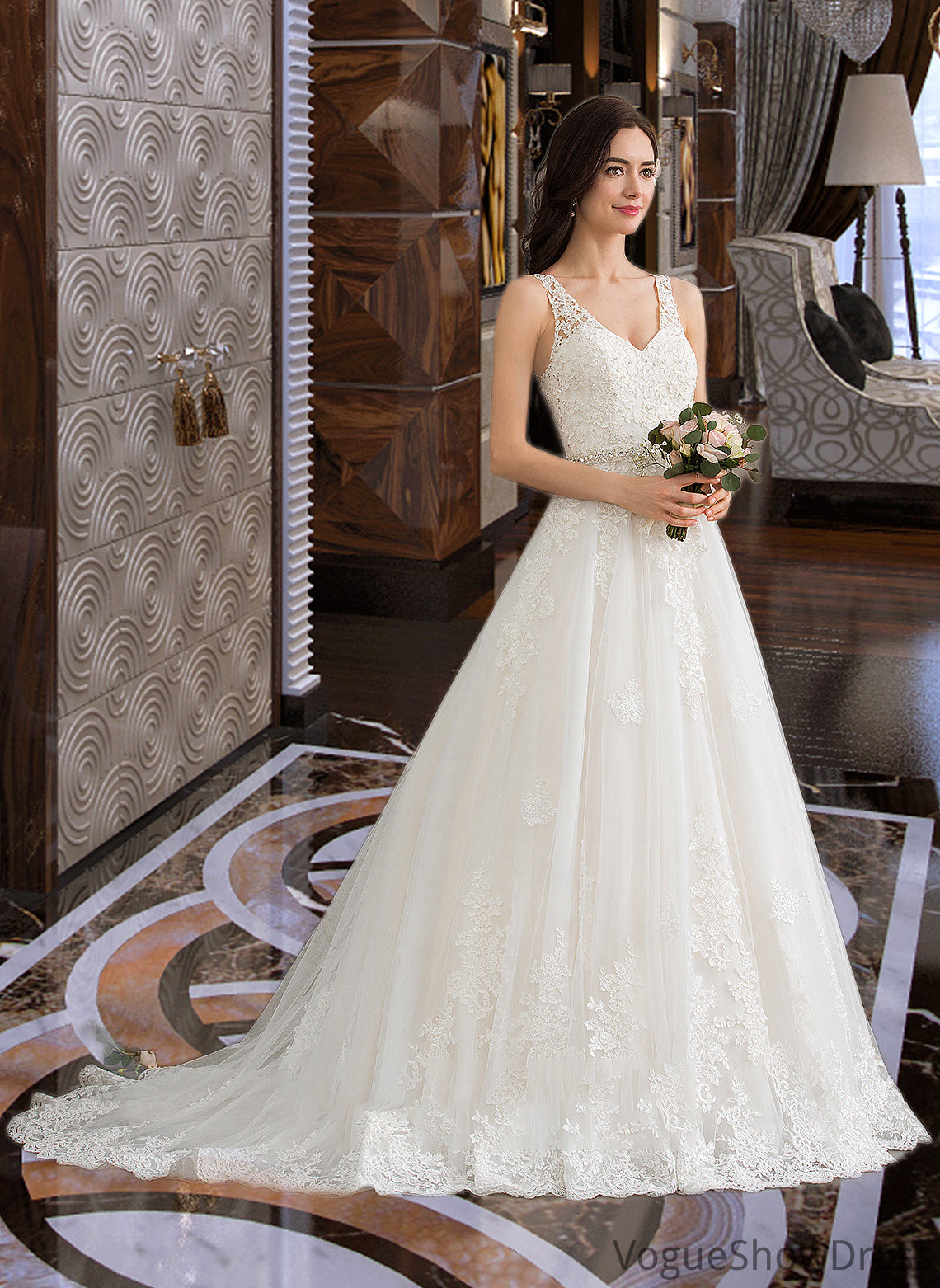 Laylah Ball-Gown/Princess V-neck Court Train Tulle Wedding Dress With Beading Sequins DLP0013779