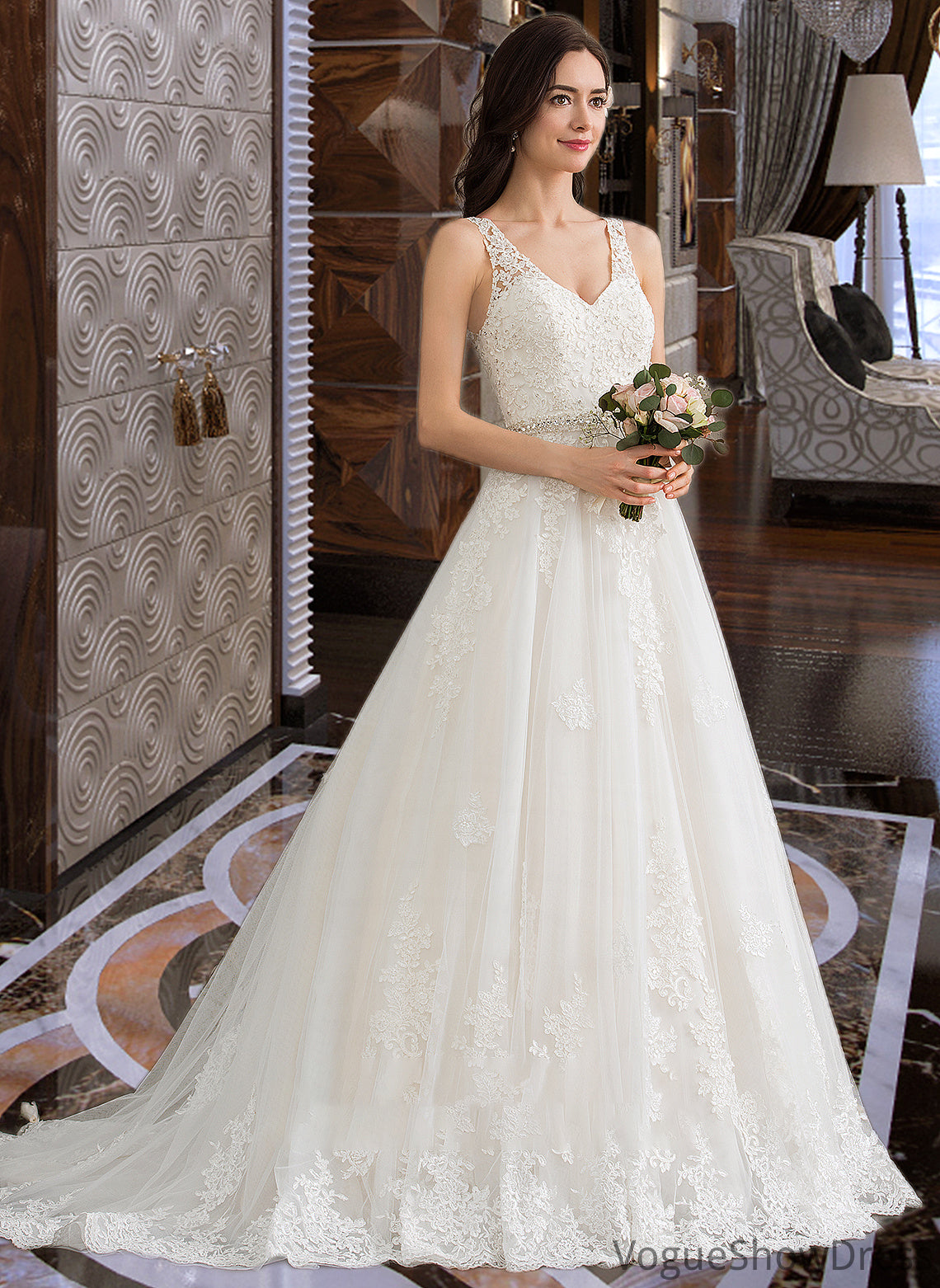 Laylah Ball-Gown/Princess V-neck Court Train Tulle Wedding Dress With Beading Sequins DLP0013779