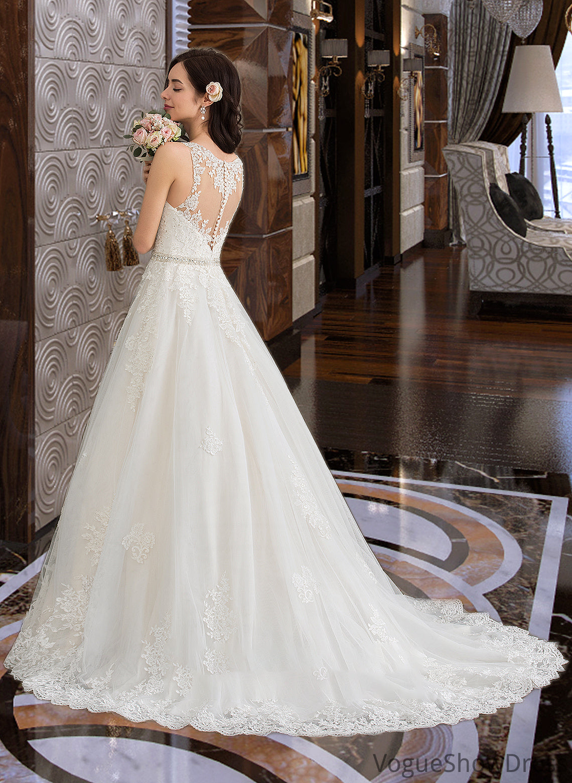 Laylah Ball-Gown/Princess V-neck Court Train Tulle Wedding Dress With Beading Sequins DLP0013779