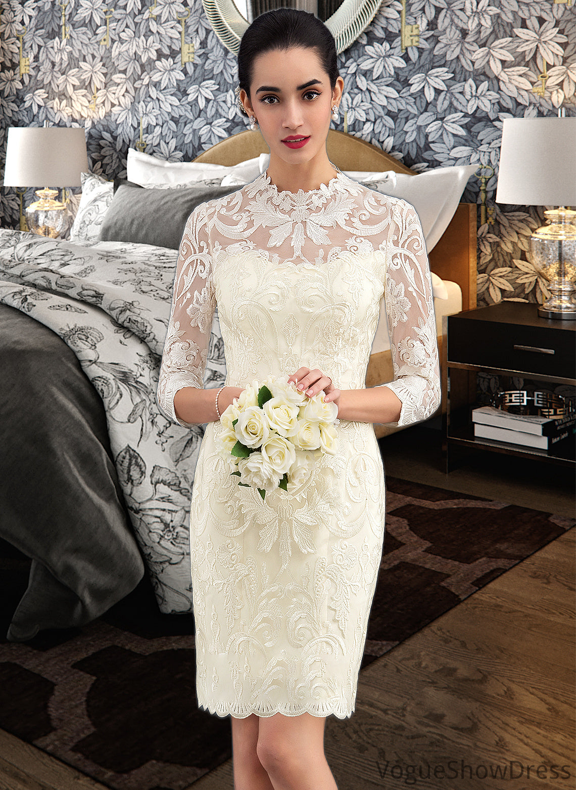 Nataly Sheath/Column High Neck Knee-Length Lace Wedding Dress DLP0013781