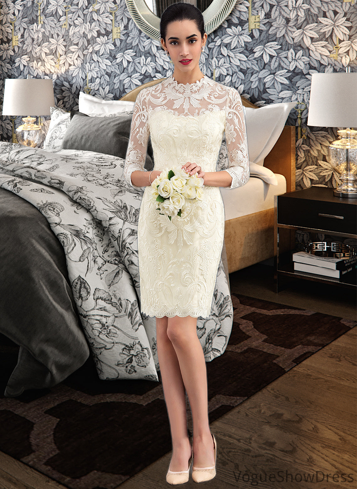 Nataly Sheath/Column High Neck Knee-Length Lace Wedding Dress DLP0013781