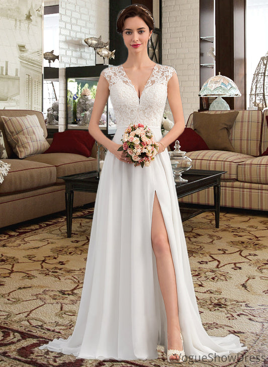 Evie A-Line V-neck Sweep Train Chiffon Wedding Dress With Split Front DLP0013782