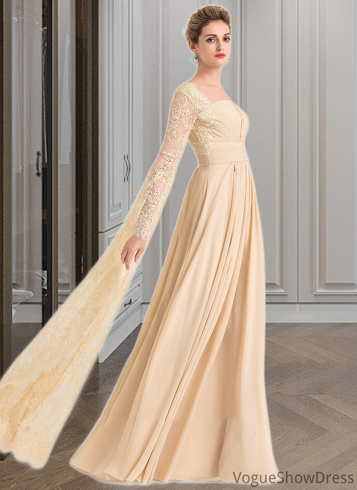 Kyleigh A-Line Square Neckline Floor-Length Chiffon Wedding Dress With Ruffle Beading DLP0013783