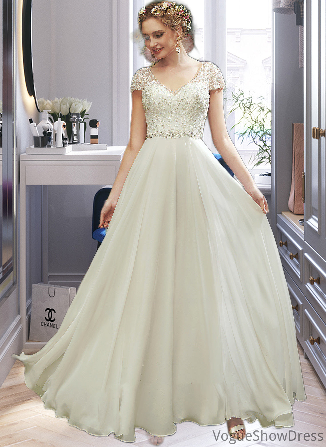 Caitlin A-Line V-neck Floor-Length Wedding Dress With Lace Beading Sequins DLP0013784