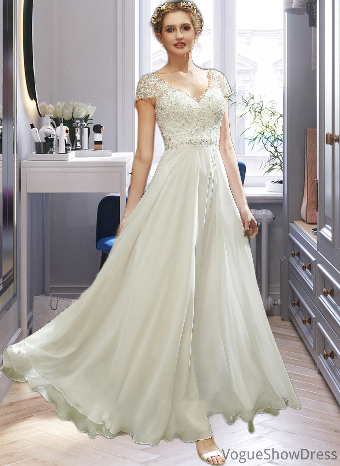 Caitlin A-Line V-neck Floor-Length Wedding Dress With Lace Beading Sequins DLP0013784