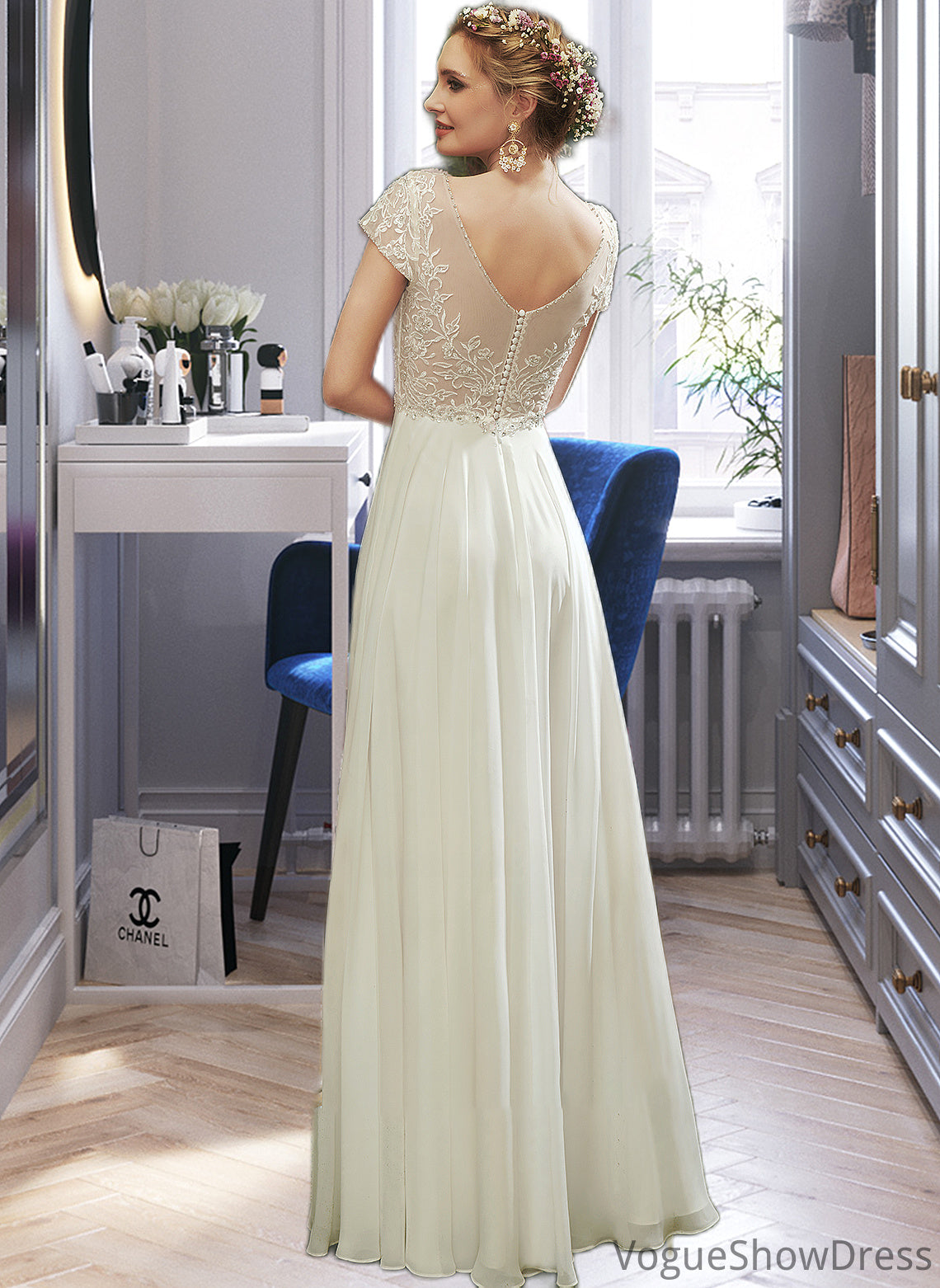 Caitlin A-Line V-neck Floor-Length Wedding Dress With Lace Beading Sequins DLP0013784