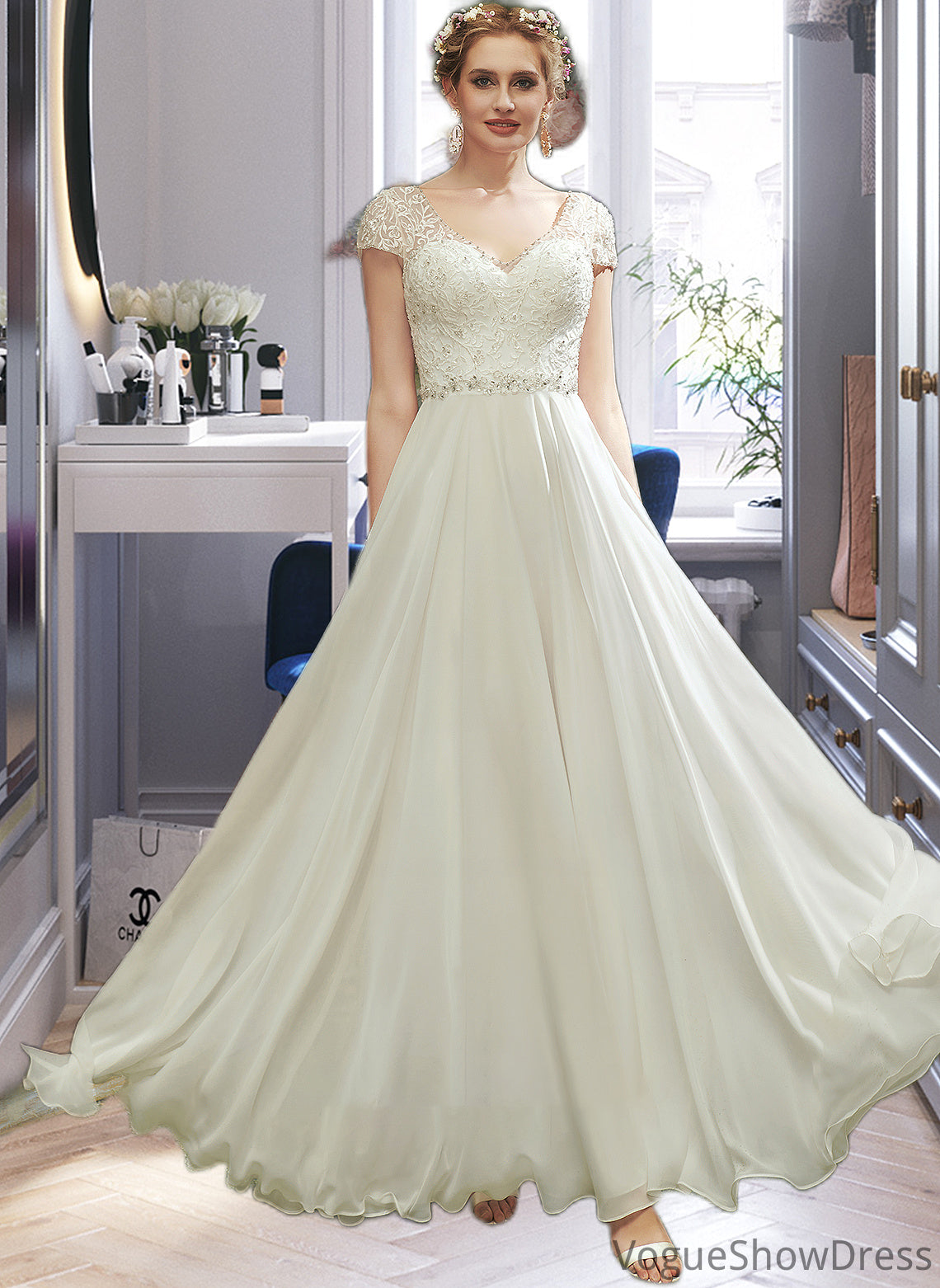 Caitlin A-Line V-neck Floor-Length Wedding Dress With Lace Beading Sequins DLP0013784