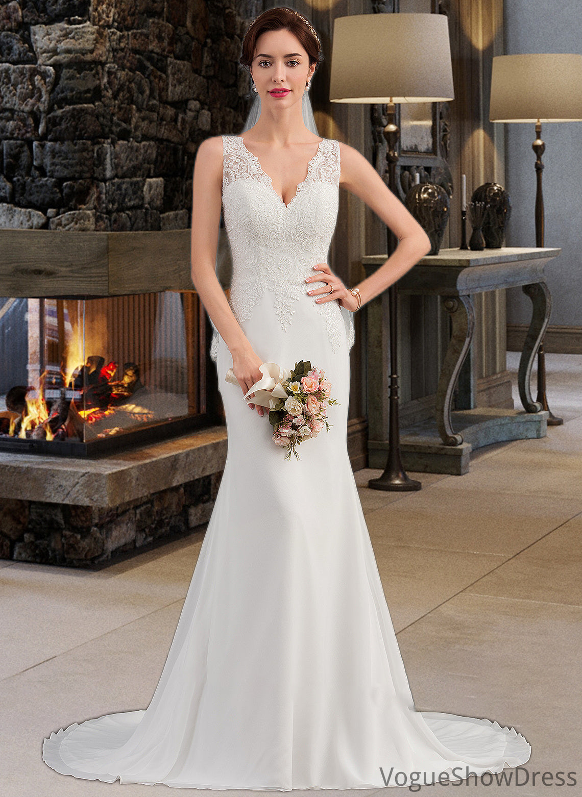 Braelyn Trumpet/Mermaid V-neck Court Train Chiffon Wedding Dress DLP0013788