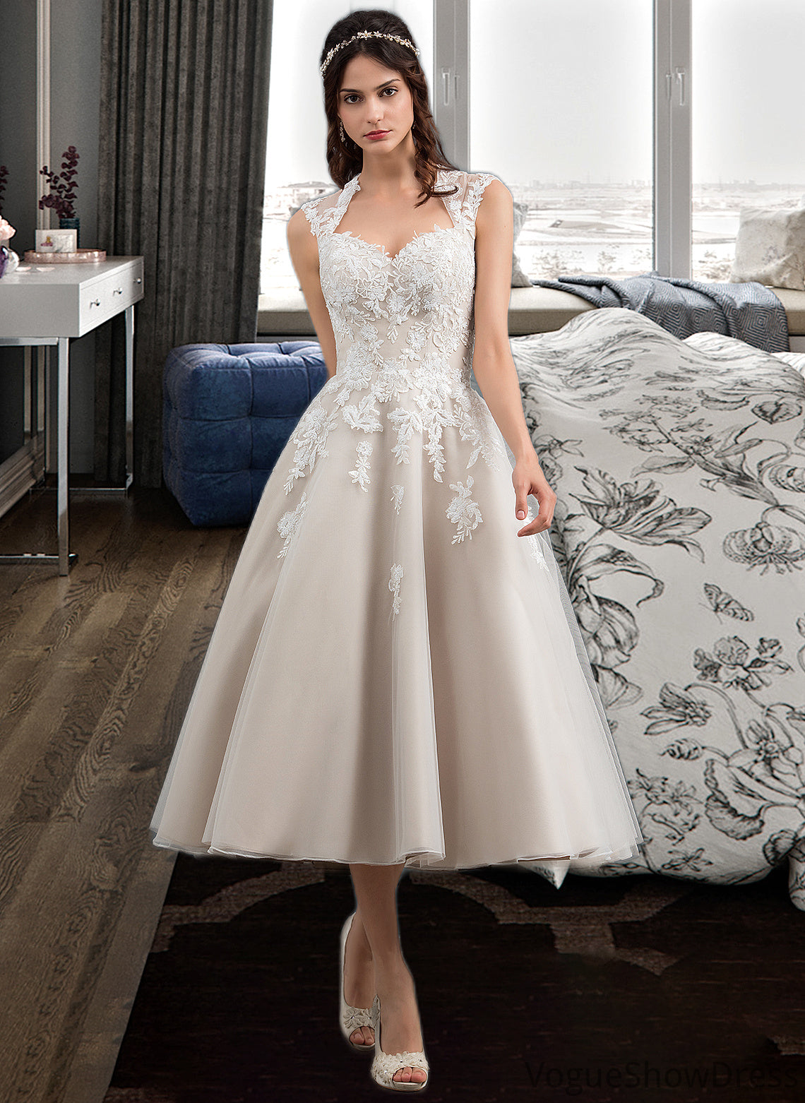 Kali Ball-Gown/Princess Sweetheart Tea-Length Tulle Wedding Dress With Sequins DLP0013791