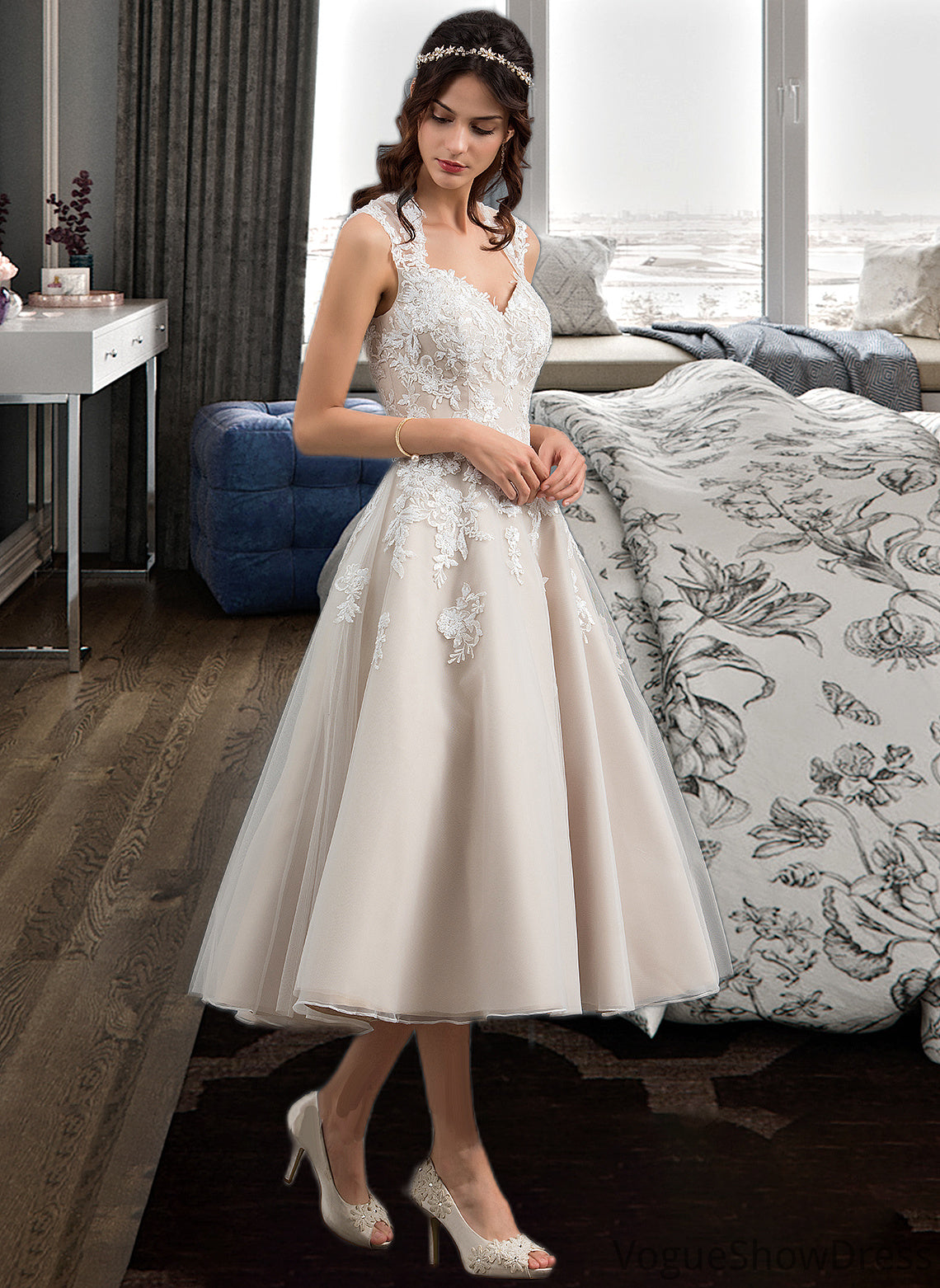 Kali Ball-Gown/Princess Sweetheart Tea-Length Tulle Wedding Dress With Sequins DLP0013791