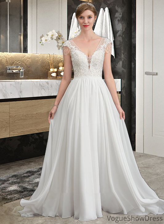 Mira A-Line V-neck Sweep Train Chiffon Wedding Dress With Beading Sequins DLP0013792