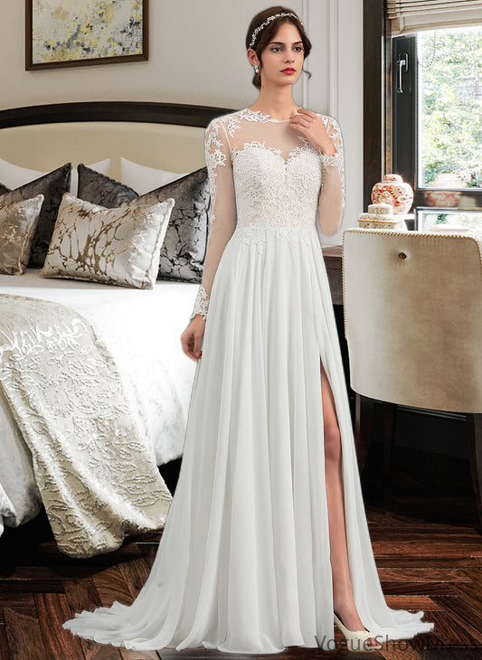 Bria A-Line Illusion Sweep Train Chiffon Wedding Dress With Appliques Lace Split Front DLP0013793