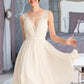 Vivienne A-Line V-neck Knee-Length Chiffon Lace Wedding Dress With Ruffle DLP0013794