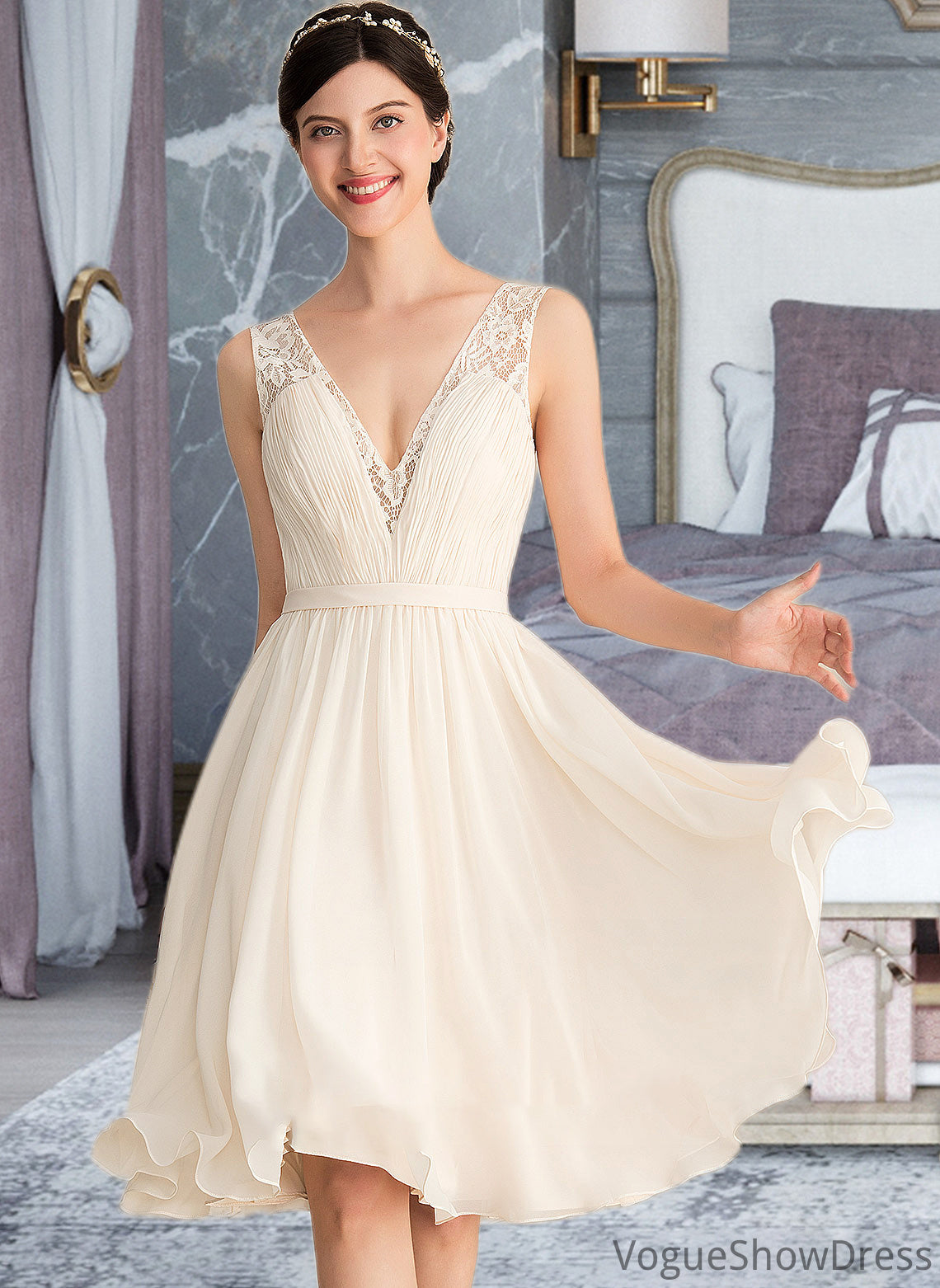 Vivienne A-Line V-neck Knee-Length Chiffon Lace Wedding Dress With Ruffle DLP0013794