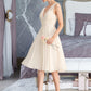 Vivienne A-Line V-neck Knee-Length Chiffon Lace Wedding Dress With Ruffle DLP0013794