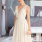 Vivienne A-Line V-neck Knee-Length Chiffon Lace Wedding Dress With Ruffle DLP0013794