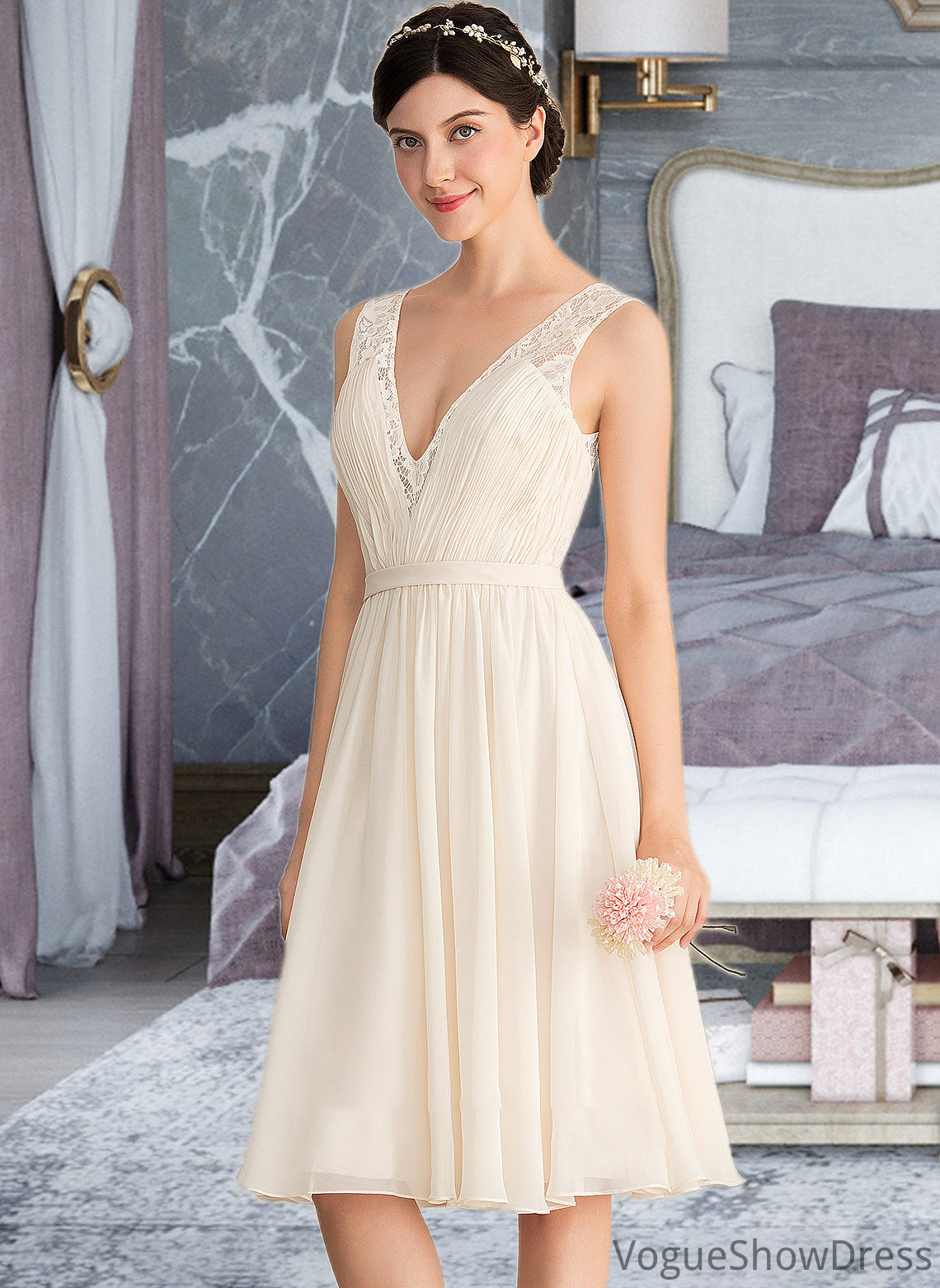 Vivienne A-Line V-neck Knee-Length Chiffon Lace Wedding Dress With Ruffle DLP0013794