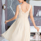 Vivienne A-Line V-neck Knee-Length Chiffon Lace Wedding Dress With Ruffle DLP0013794