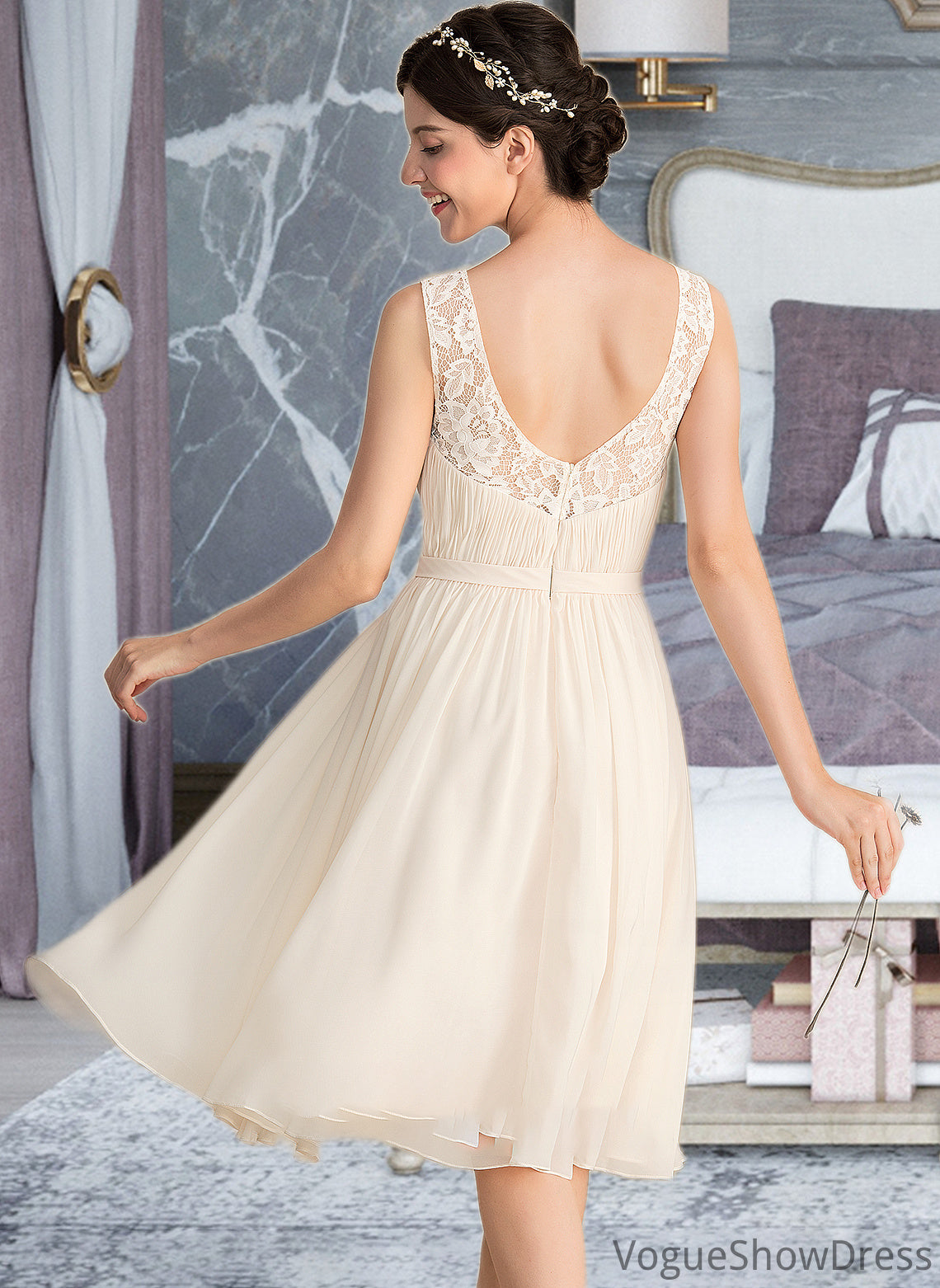 Vivienne A-Line V-neck Knee-Length Chiffon Lace Wedding Dress With Ruffle DLP0013794