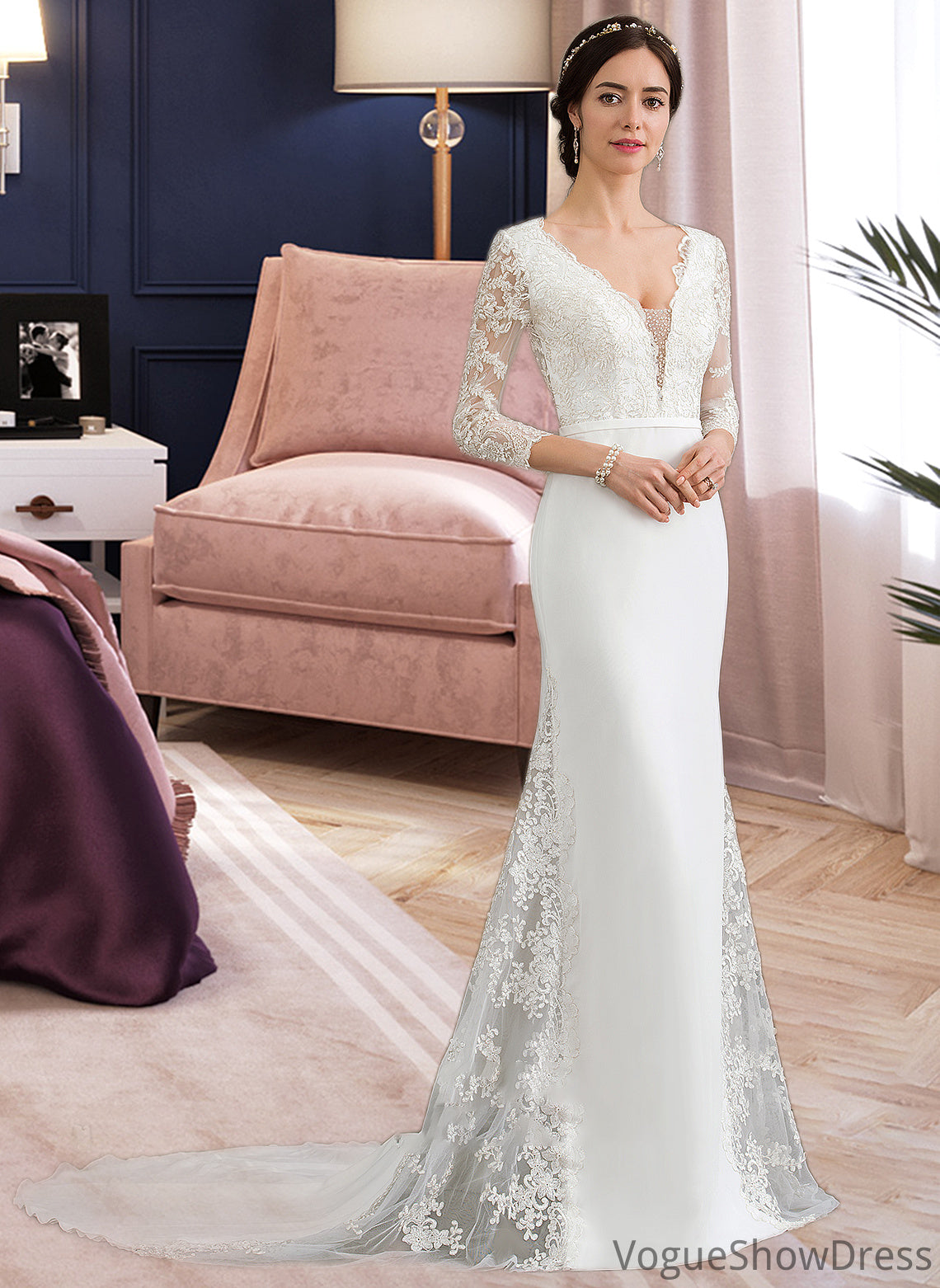 Sylvia Trumpet/Mermaid V-neck Chapel Train Chiffon Wedding Dress With Beading Sequins DLP0013795