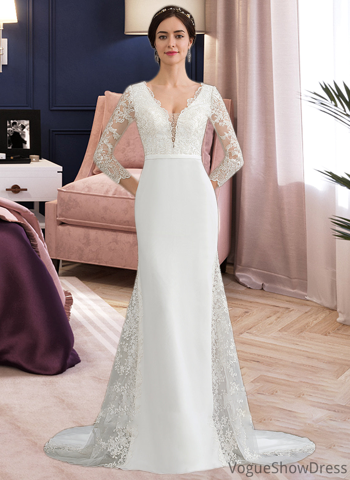 Sylvia Trumpet/Mermaid V-neck Chapel Train Chiffon Wedding Dress With Beading Sequins DLP0013795