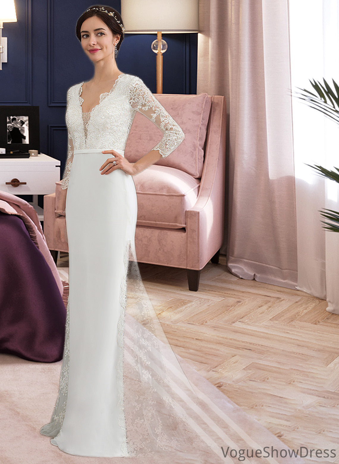 Sylvia Trumpet/Mermaid V-neck Chapel Train Chiffon Wedding Dress With Beading Sequins DLP0013795