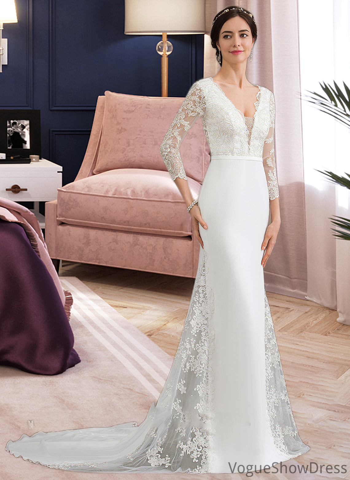 Sylvia Trumpet/Mermaid V-neck Chapel Train Chiffon Wedding Dress With Beading Sequins DLP0013795