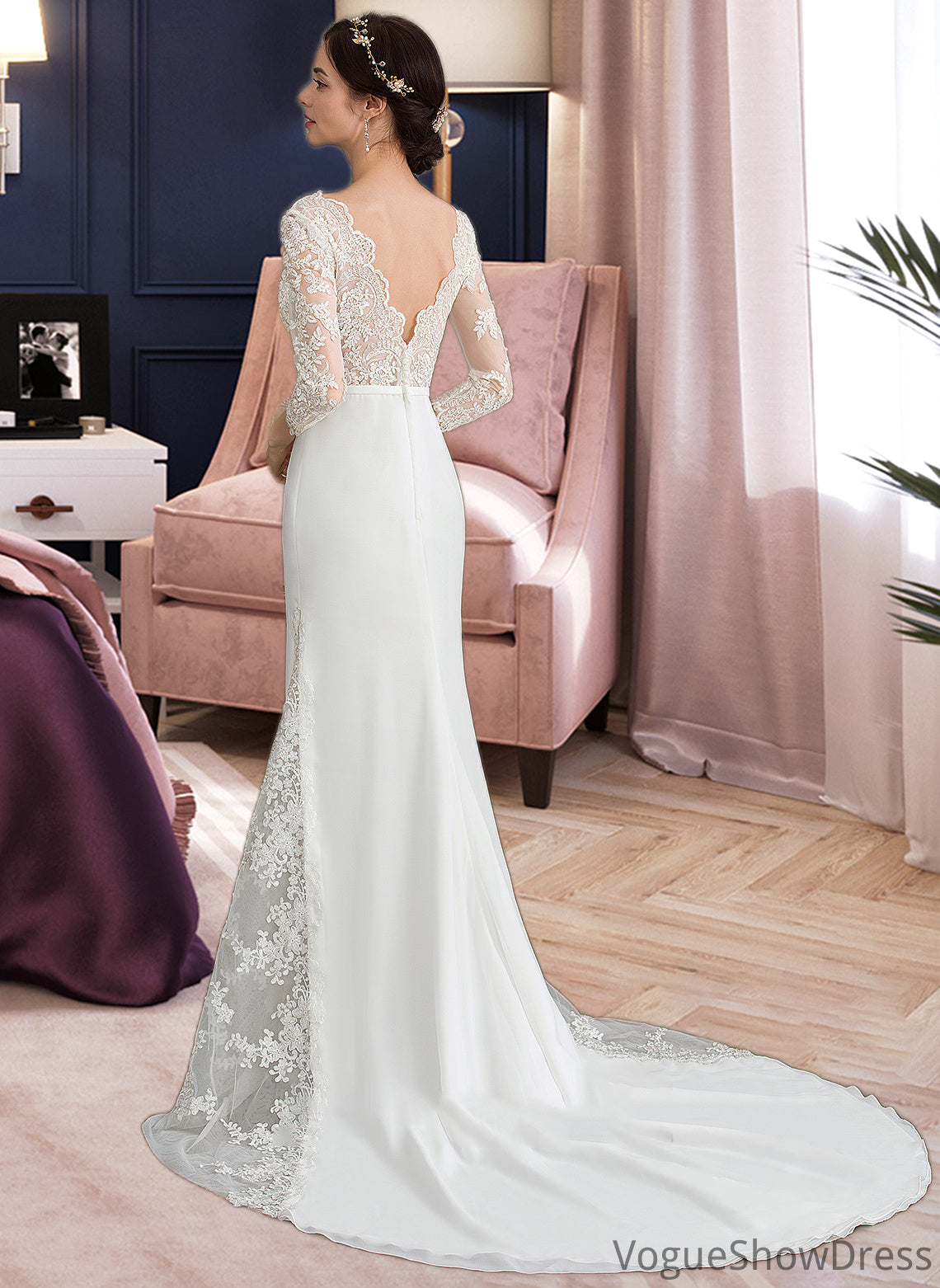 Sylvia Trumpet/Mermaid V-neck Chapel Train Chiffon Wedding Dress With Beading Sequins DLP0013795