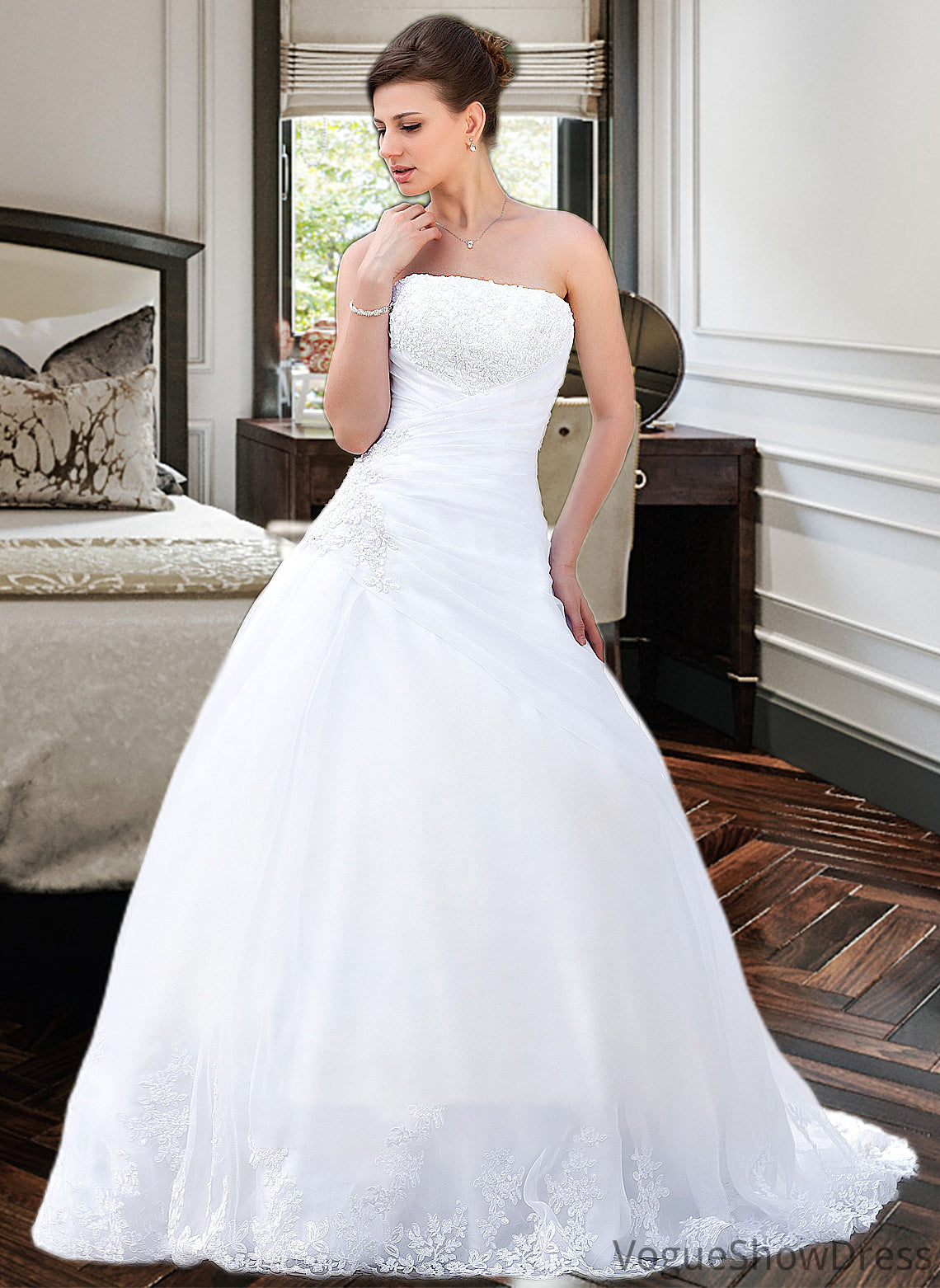 Ansley Ball-Gown/Princess Strapless Chapel Train Satin Organza Wedding Dress With Lace Beading DLP0013796