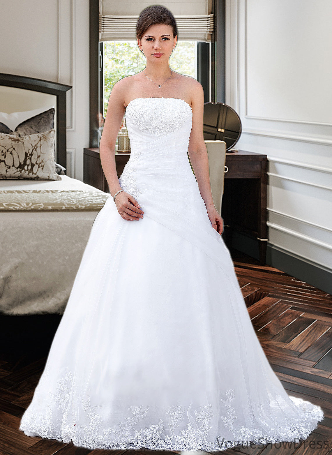 Ansley Ball-Gown/Princess Strapless Chapel Train Satin Organza Wedding Dress With Lace Beading DLP0013796