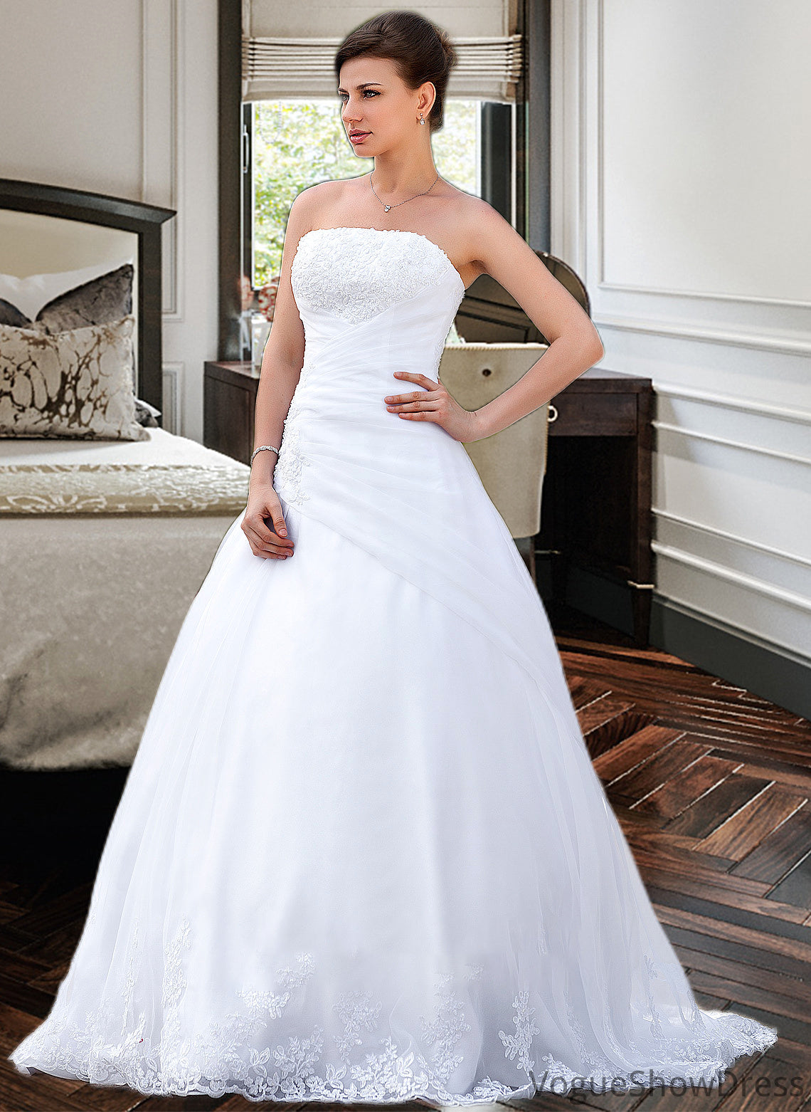 Ansley Ball-Gown/Princess Strapless Chapel Train Satin Organza Wedding Dress With Lace Beading DLP0013796