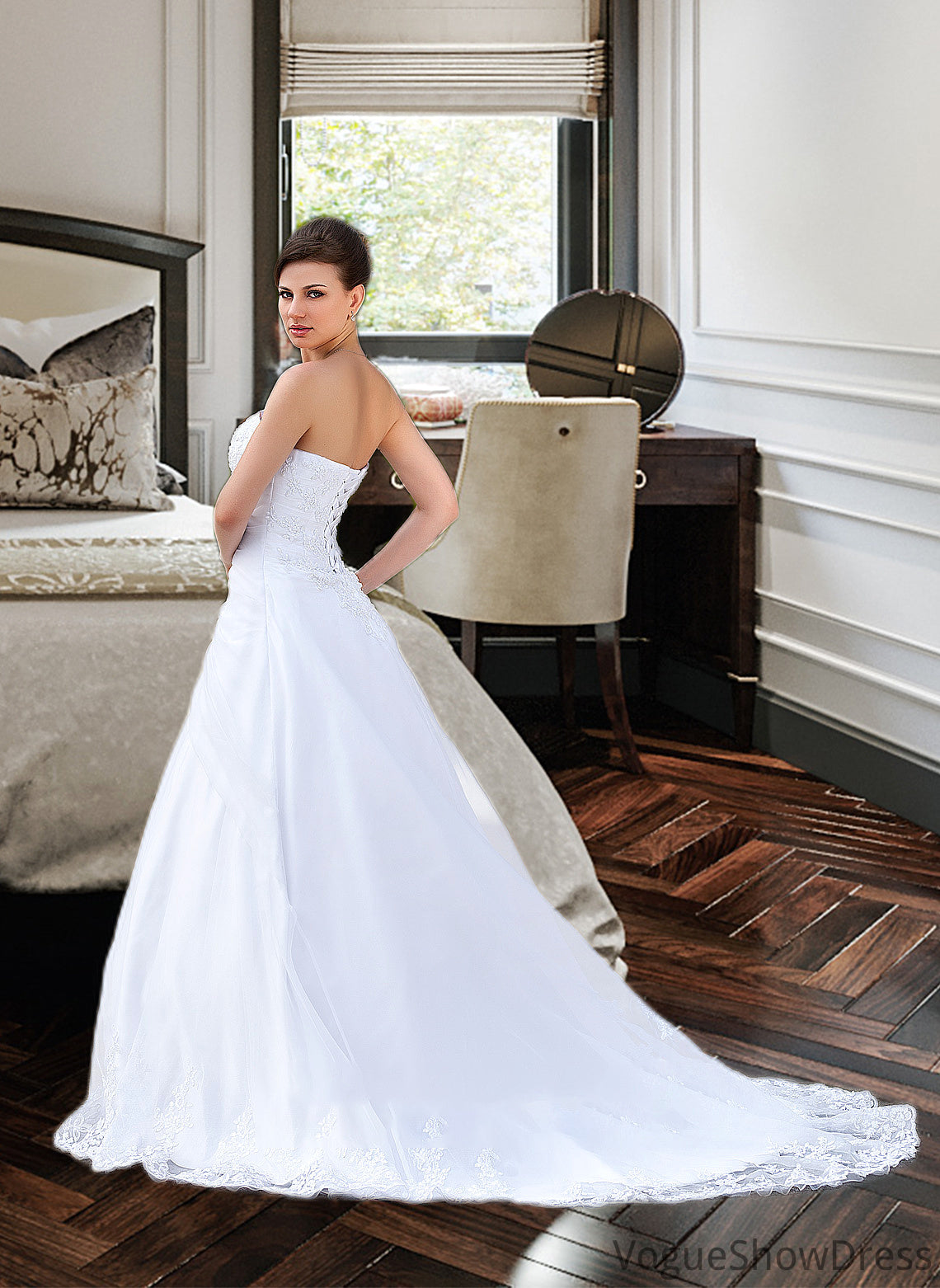 Ansley Ball-Gown/Princess Strapless Chapel Train Satin Organza Wedding Dress With Lace Beading DLP0013796