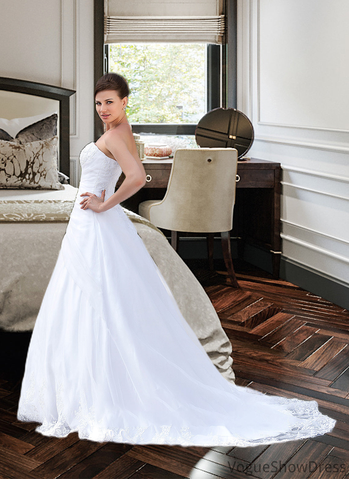 Ansley Ball-Gown/Princess Strapless Chapel Train Satin Organza Wedding Dress With Lace Beading DLP0013796