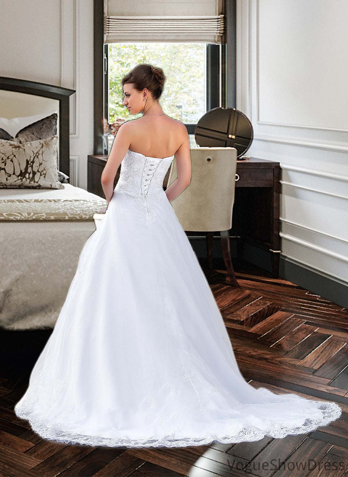 Ansley Ball-Gown/Princess Strapless Chapel Train Satin Organza Wedding Dress With Lace Beading DLP0013796