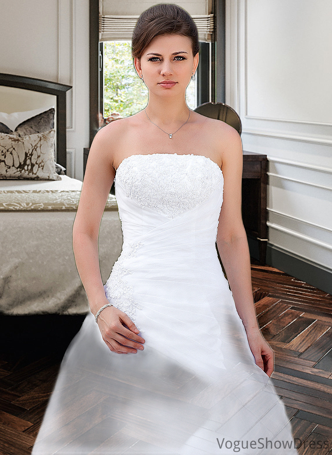 Ansley Ball-Gown/Princess Strapless Chapel Train Satin Organza Wedding Dress With Lace Beading DLP0013796