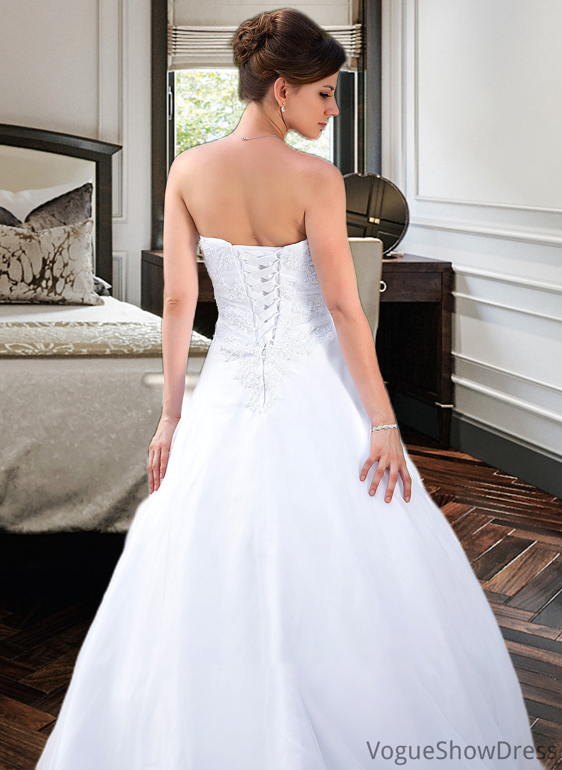 Ansley Ball-Gown/Princess Strapless Chapel Train Satin Organza Wedding Dress With Lace Beading DLP0013796