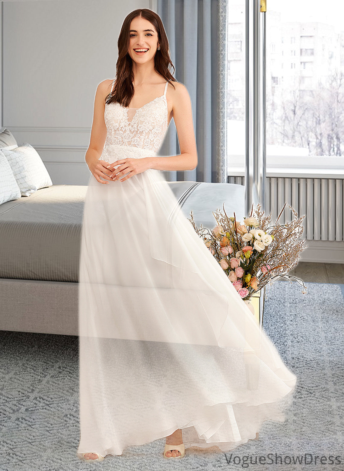 Tiara A-Line V-neck Floor-Length Wedding Dress With Sequins DLP0013797