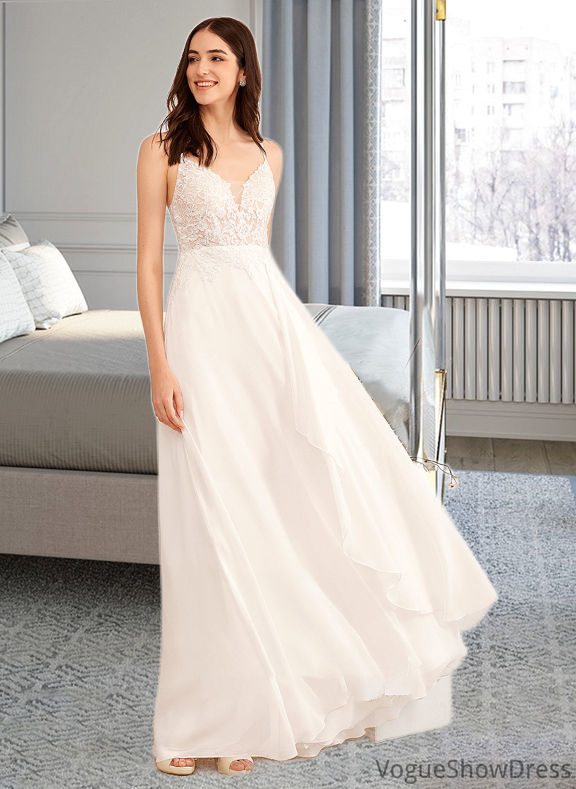 Tiara A-Line V-neck Floor-Length Wedding Dress With Sequins DLP0013797