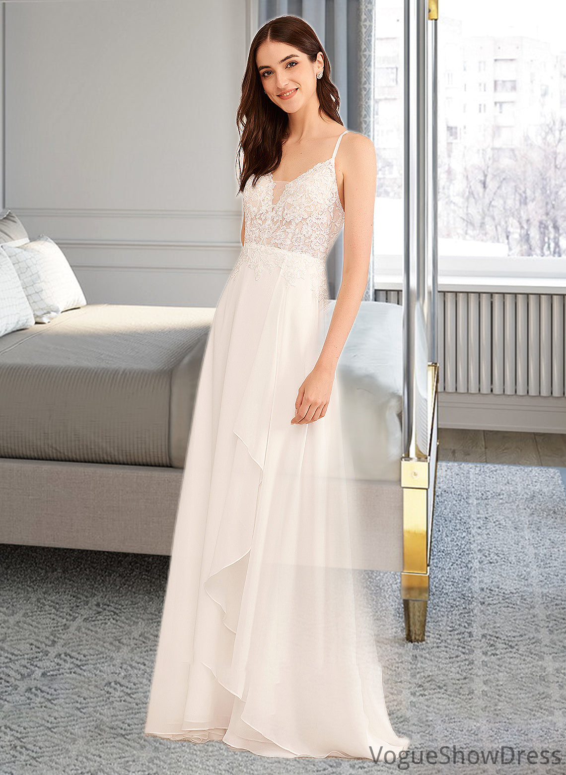 Tiara A-Line V-neck Floor-Length Wedding Dress With Sequins DLP0013797