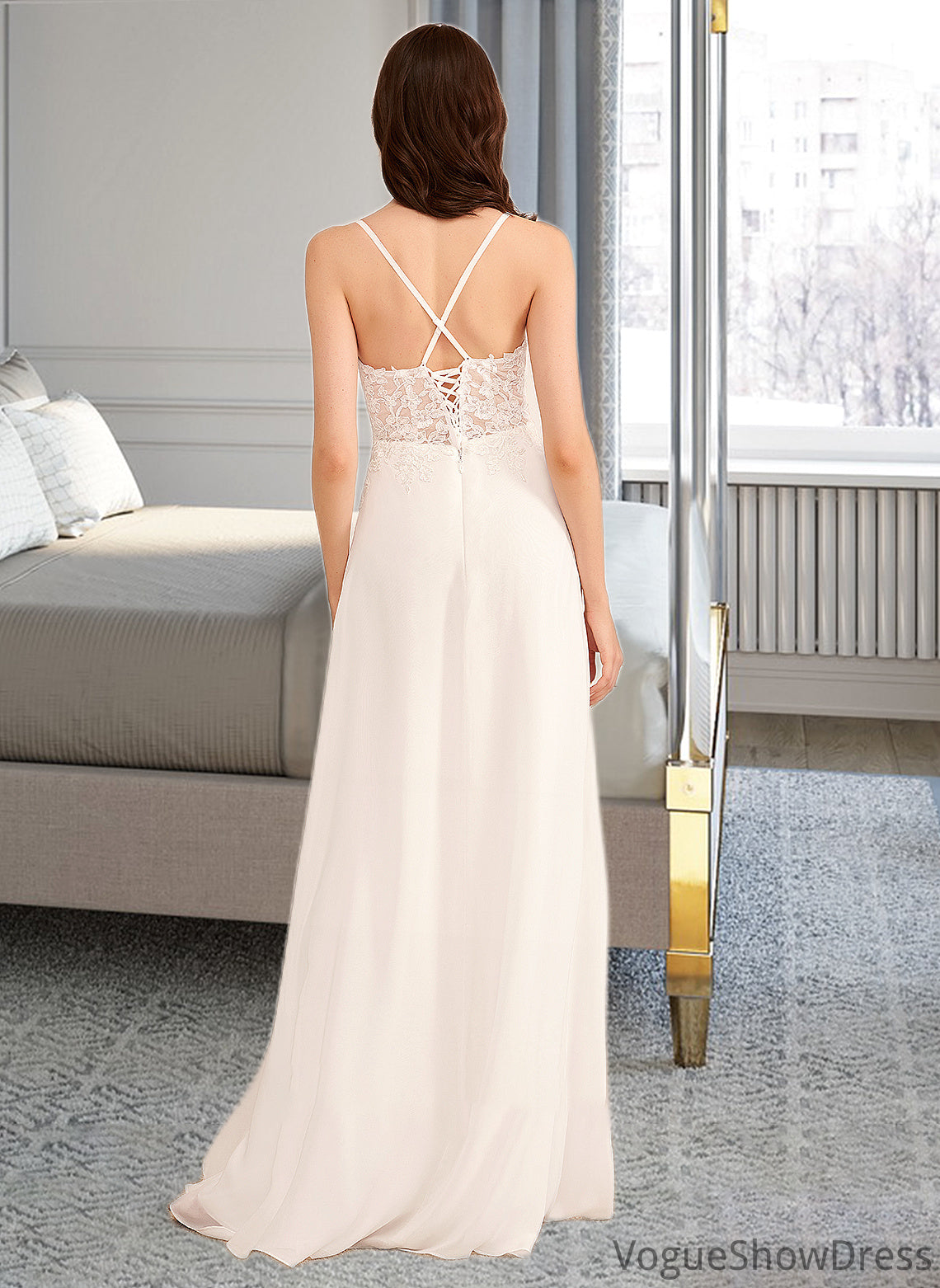 Tiara A-Line V-neck Floor-Length Wedding Dress With Sequins DLP0013797